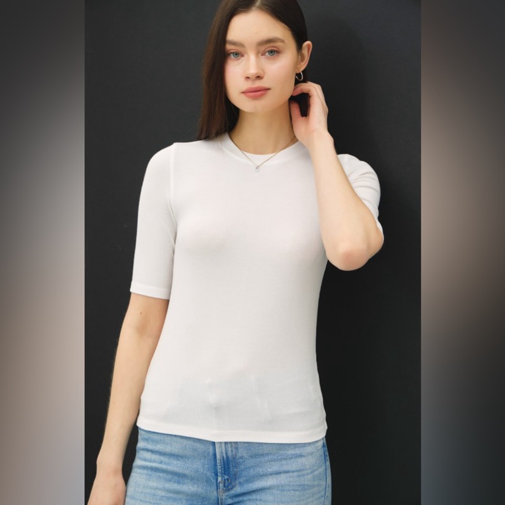 407B-WHITE. Modal Classic Ribbed Crewneck Top